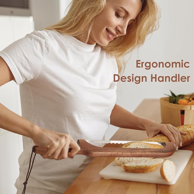 Bow Bread Knife for Homemade Sourdough, 15.7" Adjustable Stainless Steel Serrated Bread Slicer, Thickened Ergonomic Beech Wood Fiddle Bow Knife for Bagels, Baguettes and Cakes