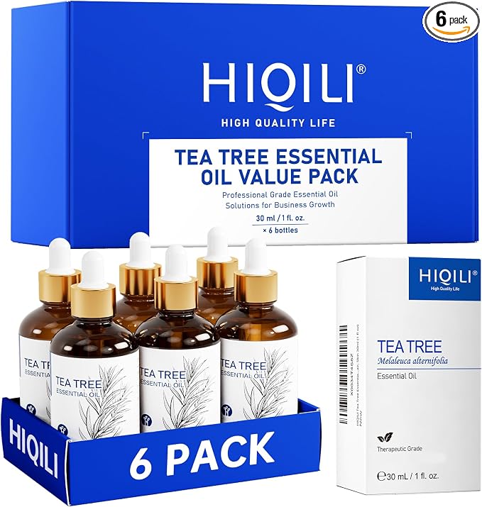 HIQILI Tea Tree Oil Set - 1 fl oz (6 Pack), Bulk Pack for Business Purchase | Ideal for Nail and Body Care, Diffuser, DIY, Holiday Gift & Home Use