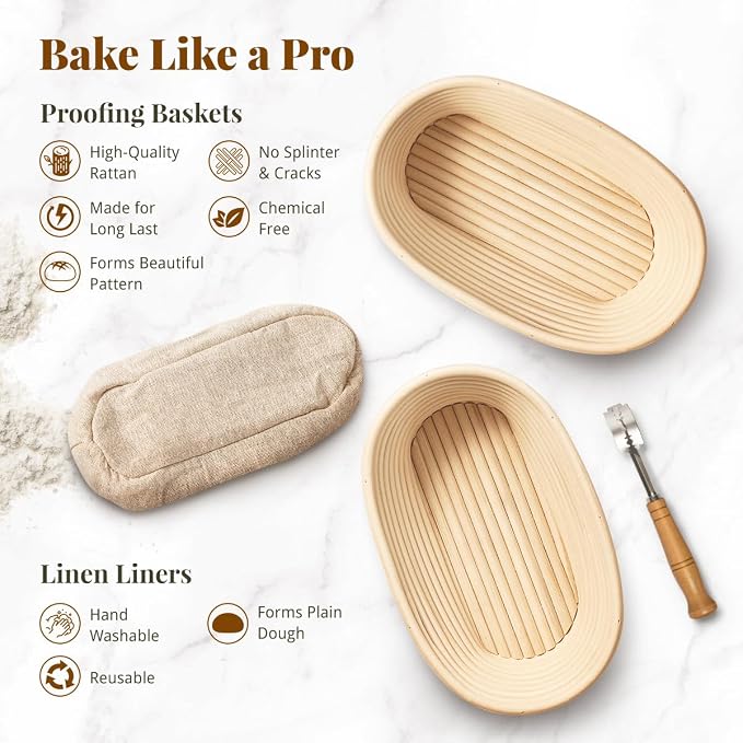 BAVIFY Sourdough Starter Kit, Banneton Bread Proofing Baskets Set, Sourdough Bread Baking Supplies Making Tools with Dough Scraper, Whisk, Bread Lame, Recipe, 2 Oval Gift Set