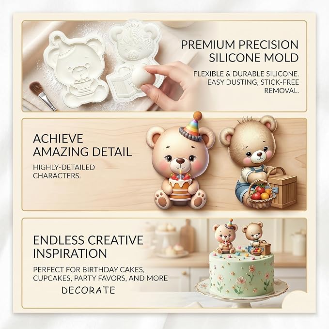 2Pcs 3D Cute Teddy Bear Silicone Fondant Molds, Birthday Party Picnic Bear Chocolate Candy Mold for Baking, Cake Decorating, Gum Paste, Cupcake Toppers, DIY Crafts, Easy Demold Pastry Tool