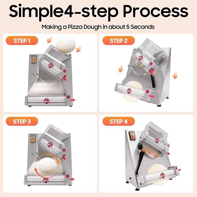 Bepritm Pizza Dough Roller Sheeter, 370W Automatic Commercial Dough Roller Sheeter with Dual Roller, 3-15"Electric Stainless Steel Pizza Press Dough Machine, Adjustable Thickness (4-12in Pizza Size)