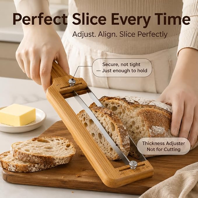 Adjustable Bread Knife for Homemade Bread - Bread Slicer with 1/2-inch and 1-inch Thickness Guides - 17 inch Bread Cutter-Bow Design （Natural Red Wood）