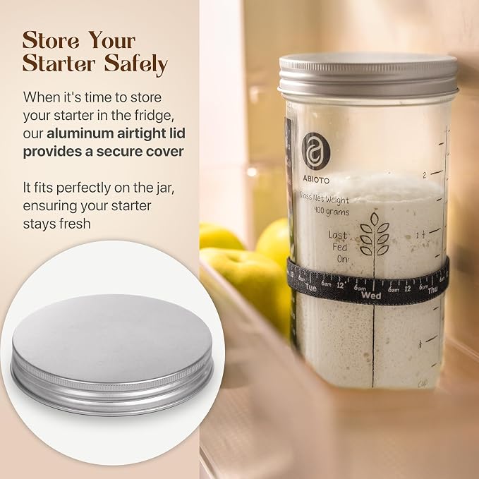 ABIOTO Sourdough Starter Kit, Includes 24 oz Sourdough Starter Jar with Metallic Lid, Silicone Spatula, Feeding Tracker, Extra Thermometer Strips & Breathable Covers - Sourdough Bread Starter Kit