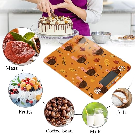 Food Scale Kitchen Scale for Baking Cooking Digital Food Weighing Measuring Scale Small Waterproof Electric Food Scale Orange Thanksgiving Turkeys and Autumn Leaves