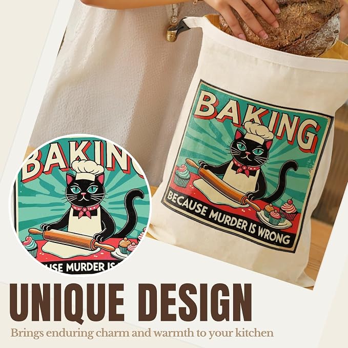 InnoBeta Beeswax Bread Bags for Sourdough & Homemade Bread, 2 Pack Reusable Cotton, 17"x13", Baking Cat