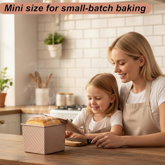 Mini Pullman Loaf Pan with Lid 2-Pack, 4 Inch Square Bread Pan Set of 2, Non-Stick Carbon Steel Baking Pans for Small Batch Homemade Bread