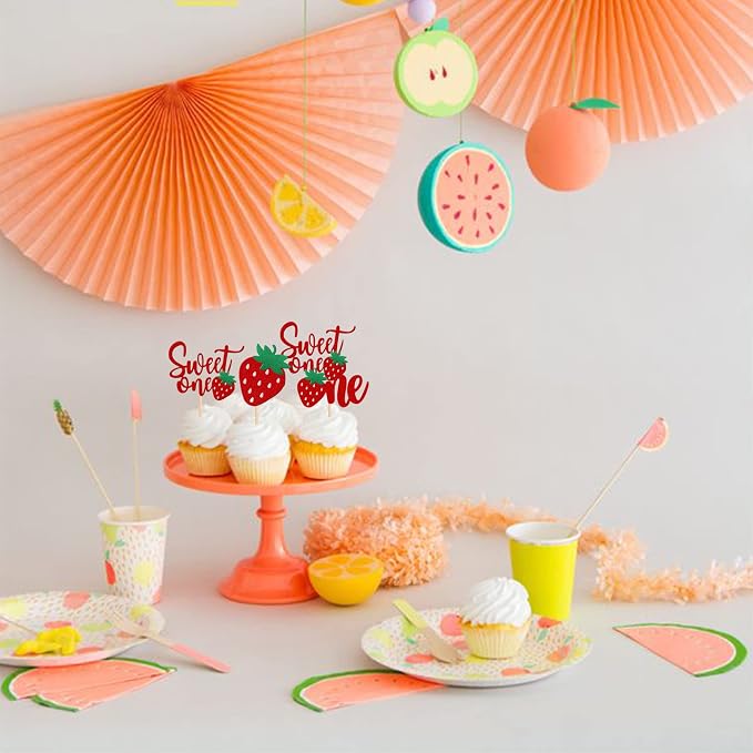 24 PCS Strawberry One Cupcake Toppers Glitter Sweet One First Birthday Strawberry Cupcake Picks for Fruit Theme Baby Shower Kids 1st Birthday Anniversary Party Cake Decorations Supplies Red