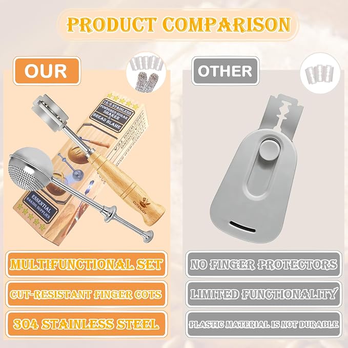 Bread Lame and Flour Duster, 304 Stainless Steel Bread Baking Supplies with Razor Blades & Leather Cover, Professional Bread Scoring Knife, Flour Duster for Baking