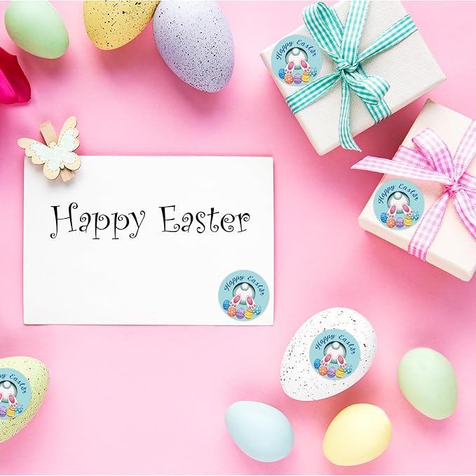 Louise Maelys 500 Pcs Easter Stickers Roll, 1.5 Inch Cute Egg Bunny Rabbit Holiday Lable, Happy Easter Adhesive Decoration Round Labels for Baking Card Gift Wrapping Envelope Craft Making