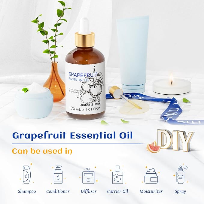 HIQILI 30 ml Grapefruit Essential Oil, for Diffuser, Skin Care - 1 Fl Oz