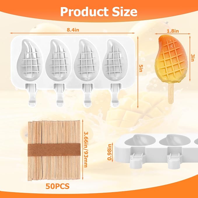 Juome Mango Shape Silicone Popsicle Molds - 4 Cavity 3D Mango Ice Cream Molds with 50 Wooden Sticks for Ice Pop, Cake Pop, Cakesicles, Fruit Pudding