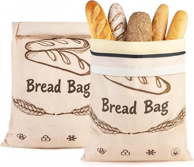 2-Pack Reusable Beeswax Bread Bags for Sourdough & HomemadeBread with Zipper, 16.5 x 13 inch bread bags for Food Storage