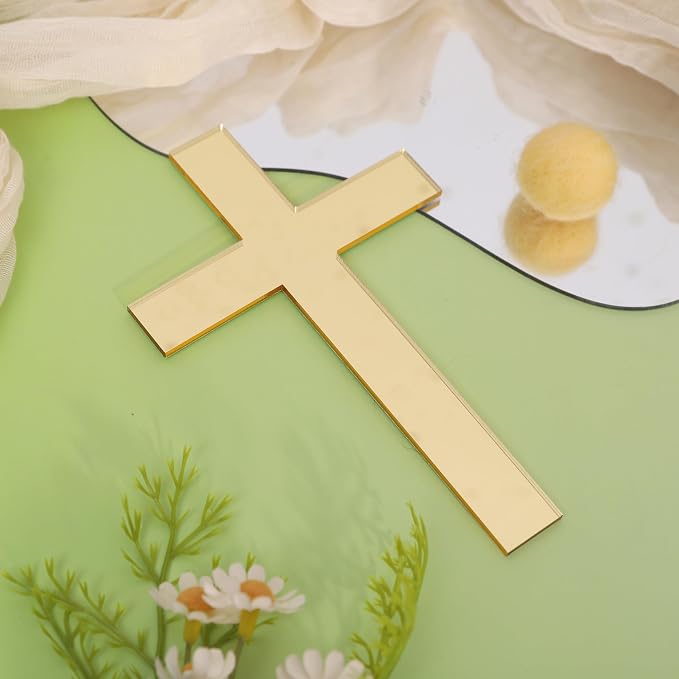 Golden Cross Cake Topper - First Holy Communion Party Decorations,Acrylic Cross Cake Topper Photo Props,God Bless Baptism Centerpiece,Religious Birthday Wedding Party Decorations