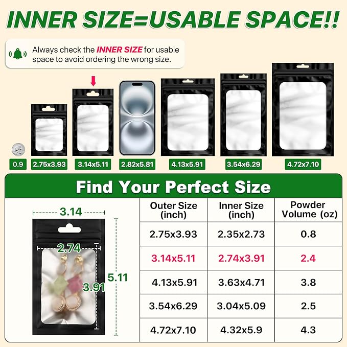100 PCS Resealable Mylar Bags with Zipper and Frosted Clear Window Smell Proof Packaging Bag Foil Pouch Zipper Bags for Food Self Sealing Storage Supplies (Black, 3.14x5.11)