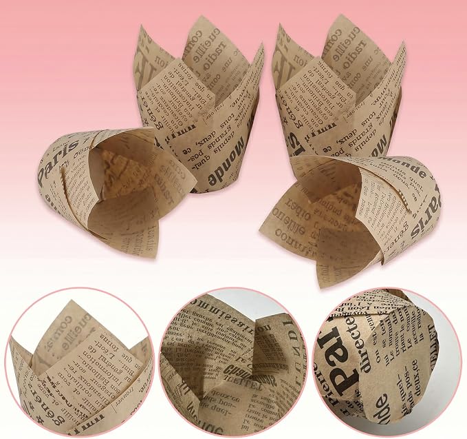 200 Pcs Newspaper Tulip Cupcake Liners for Baking, Natural Color | Standard Greaseproof Tulip Muffin Liners for Baking, 3oz Newspaper Paper Cupcake Wrappers for Party Wedding Birthday
