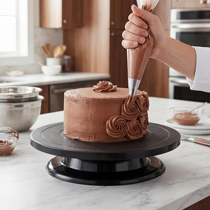 4 Pack 11 Inch Rotating Cake Turntable for Decorating, Smooth Cake Spinner Stand Revolving Turntable, Black Plastic Cake Stand for Baking Display