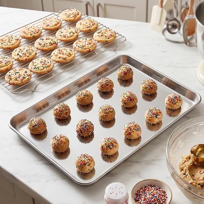 Homikit Baking Sheet with Rack Set (2 Pans+2 Racks), 18x13 Inches Stainless Steel Half Cookie Sheets with Cooling Racks Non Toxic, Large Bacon Crisp Trays for Oven Baking Cooking, Dishwasher Safe