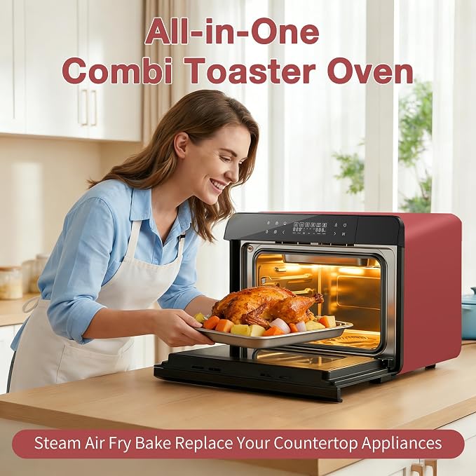 ROBAM Toaster Air Fryer Combi Oven, Countertop Steam Oven 14-in-1 with Convection Steam Roast & Bake, Multi-Stage Cooking, Self-Clean, 7 Modes, 30 Built-In Recipes, for Kitchen Pizza Baking (Red)