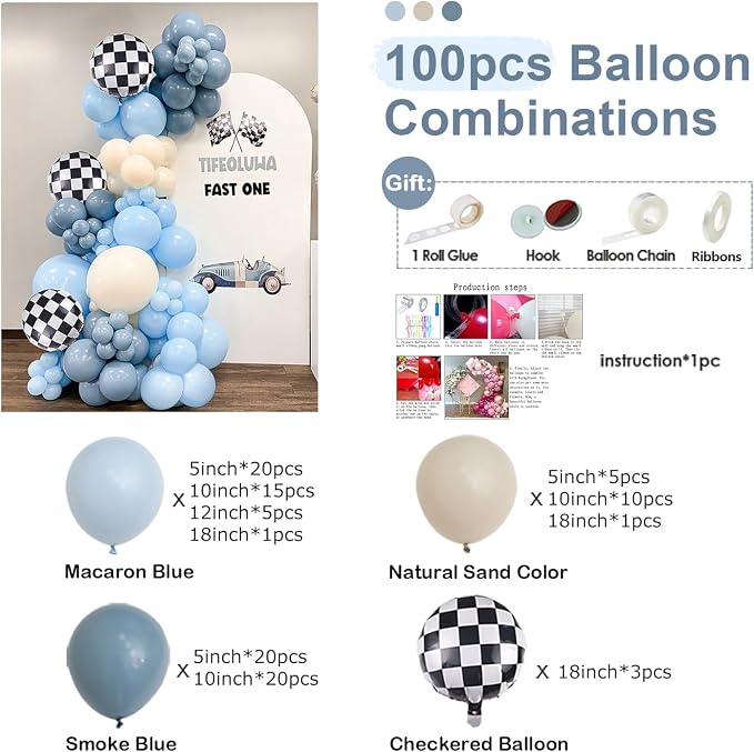 Race Car Balloons Garland Arch Kit,100PCS Macaron Blue Smoke Blue Balloon Arch Kit with Checkered Foil Balloon for Car Fast Birthday Celebration Party Festival Day Decorations