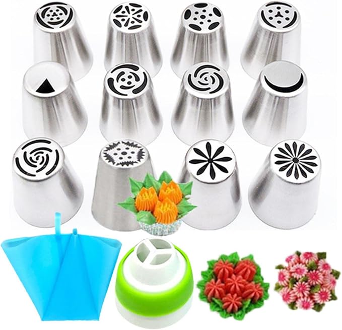 Piping Bags and Tips Set, 14pcs Russian Piping Tips Set Flower Frosting Tip Cupcake Decorating Kit Russian Nozzles Baking Supplies Kit for Cupcake Cookies Birthday Party Baking goods