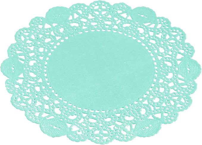 Pastry Tek 4 x 4 Inch Paper Lace Doilies, 100 Disposable Table Doilies - Elegant Lace Finish, Long Lasting, Teal Paper Doily, for Pastries, Cupcakes, Desserts - Restaurantware