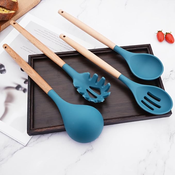 1pc Blue Silicone Slotted Spoons Cooking Large Serving Spoon, Heat Resistant Cooking Utensils for Kitchen Cooking Baking Stirring Mixing Tools
