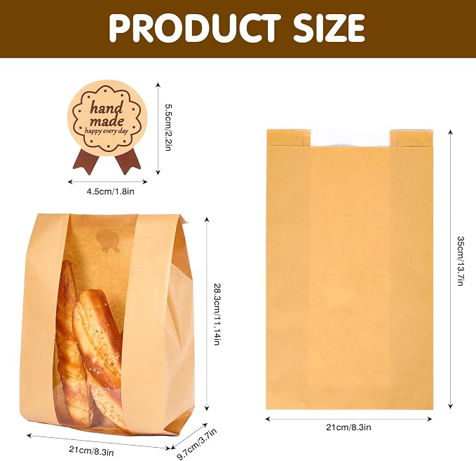 Moretoes Sourdough Paper Bread Bags, 25 Packs With Window for Homemade Baked Food Packaging Storage, Includes Label Seal Stickers (13.7x8.3x3.5 Inch)
