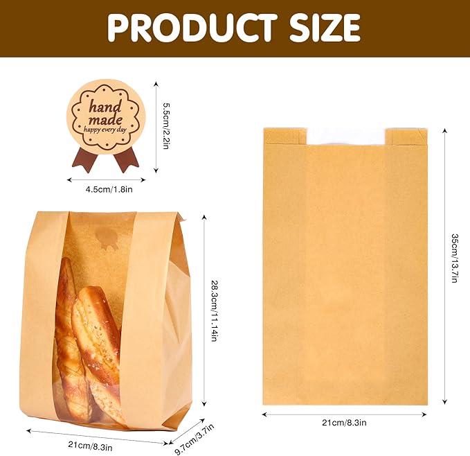 Moretoes 100 Packs Sourdough Bread Bags, Bread Bags for Homemade Bread, with Window Includes Label Seal Stickers for Baked Food Packaging Storage (13.7x8.3x3.5 Inch)