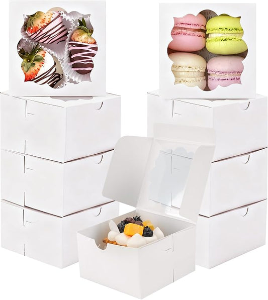 NPLUX 50pcs Cookie Boxes with Window Bakery Boxes Small Treat Boxes Small Cake boxes Mini Pie Boxes Pastry Boxes Candy Sweets Boxes 4x4x2.5in, Graduation Gifts Party Favors(White)