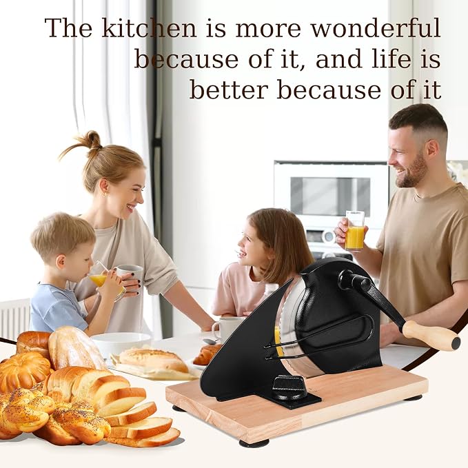 Upgraded Manual Bread Slicer for Homemade Sourdough Bread with Measurement Marks, Adjustable 0"-0.8" Thickness Hand Crank Bread Slicer with Suction Cup for Even Slicing, Kitchen and Commercial, Black