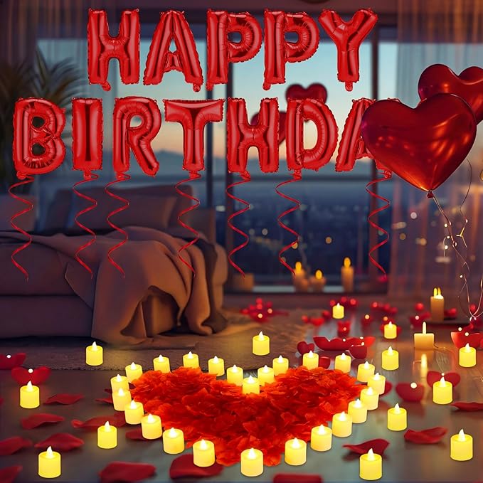 Red Happy Birthday Balloons Decorations Happy Birthday Letter Balloons Banner Set with 24pcs Round Flameless LED Candles and 2000pcs Artificial Rose Petals for Women Men Room Party Decor