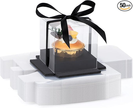 EUSOAR Individual Cupcake Holder, 50pcs 3.5 Inch Plastic Black Cupcake Containers with Lids, Single Transparent Display Clear Cupcake Carrier with Ribbon and Inserts for Wedding Party Favor