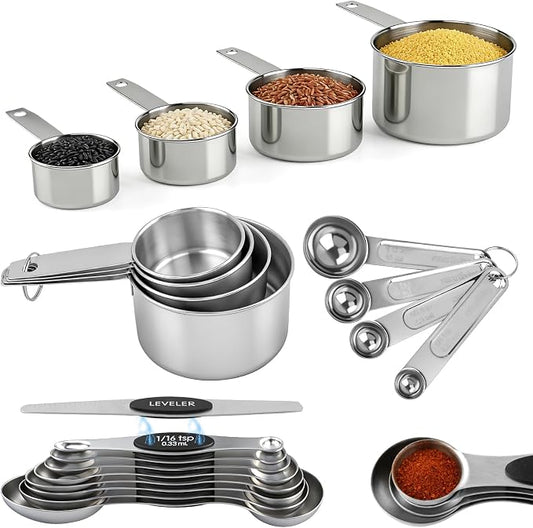Magnetic Measuring Cups and Spoons Set, 17PCS Stainless Steel Dual-Sided Spoons with Built-in Leveler for Dry & Liquid Ingredients, Magnetic Nesting Design for Baking & Cooking(COLOR:silver)