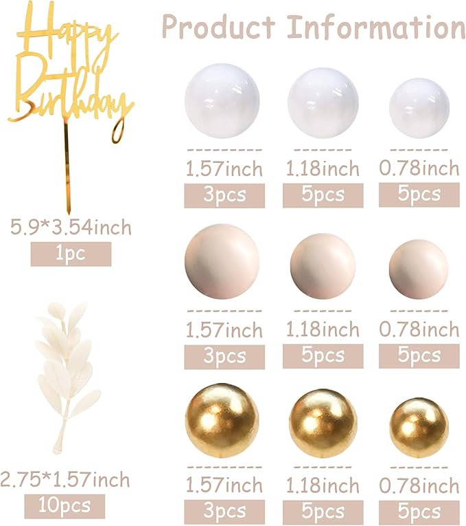 Khaki Balls Cake Topper Boho Grass Cake topper Khaki White Gold Pearl Balls Happy Birthday Cake Decorations for Wedding Birthday Boho Themed Supplies (Khaki)