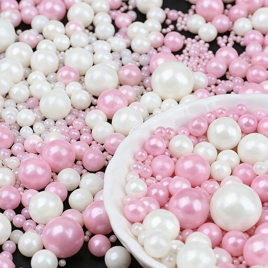 Pink White Pearl Sprinkles, 4.6oz Edible Pearls for Cake Decorating, 6 Sizes Cake Sprinkles for Baking Cupcake Cookies Ice Cream Dessert
