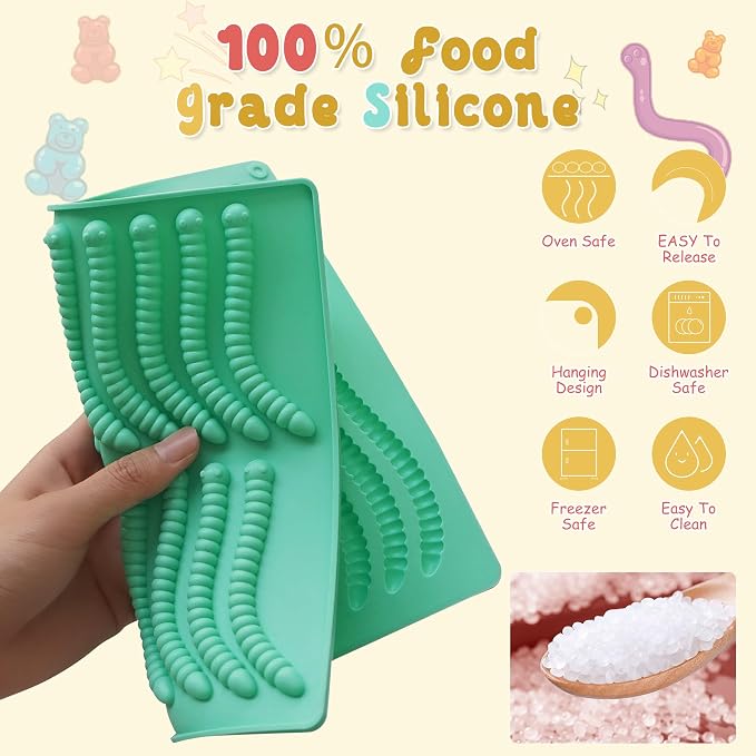 Zorazio 7Pcs Gummy Bear Molds Silicone, Nonstick Gummy Chocolate Candy Worm Molds with 2 Droppers for Convenient Filling, Includes Bear, Worm, Dinosaur, Donut and Heart, 218Cavity