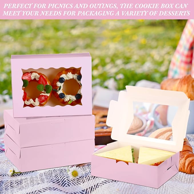 TaoBary 100 Pcs 8 Inch Bakery Boxes 8 x 6 x 2.5 Inch Cookie Pastry Boxes with 2 Style Window for Cookie Treat Chocolate Strawberries Cupcakes Candy Muffins(Pink)