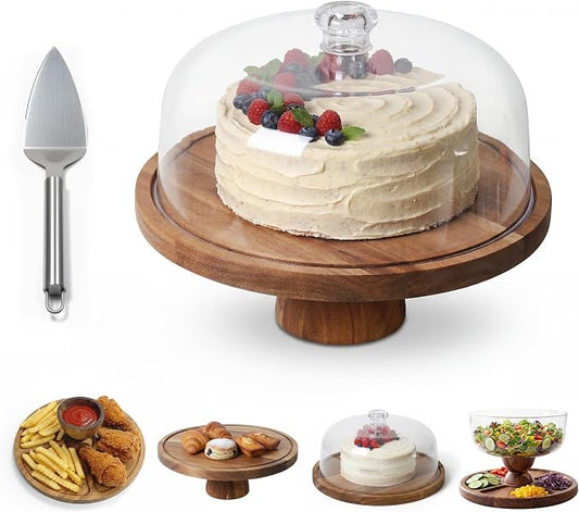 Acacia Wood Cake Stand with Dome Lid, Footed Wooden Cake Display Plate with Clear Acrylic Cover, Perfect for Birthday Parties, Weddings, Dessert Table & Home Kitchen Decor