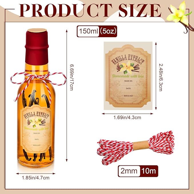 Tioncy 16 Pcs Empty Vanilla Extract Bottles for Homemade Vanilla Jar Glass Bottle with Cap, Shrink Band, Sticker DIY Crafts Wedding Gift Food Storage Canister for Bean(Red,5 oz)