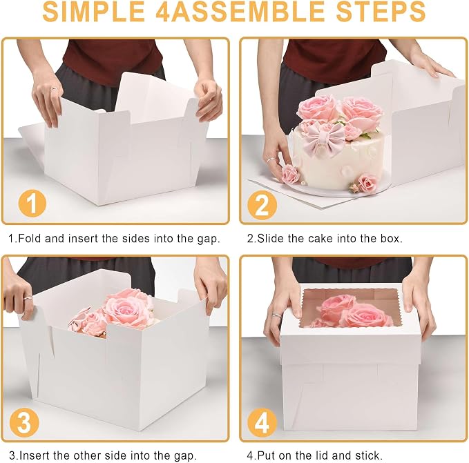 Cake Boxes with Window and Cake Boards, 8 x 8 x 8 Inches, 3 Pack, Disposable Bakery Containers for Wedding, Birthday, Party (8 inch)