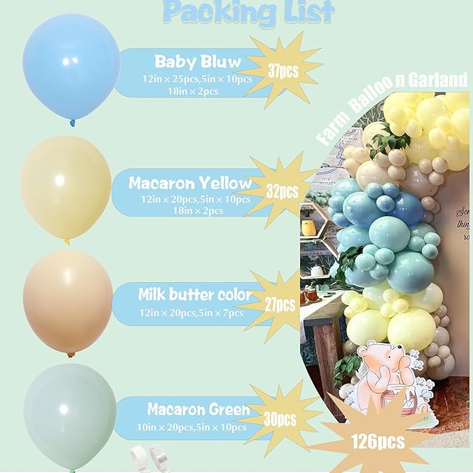 Blue and Yellow Balloon Arch, Pastel Yellow Macaron Baby Blue Balloon Macaron Green and Double Stuffed Pastel Cream Peach Balloon Arch Kit for Birthday Baby Shower Bee Bear Theme Party Decoration