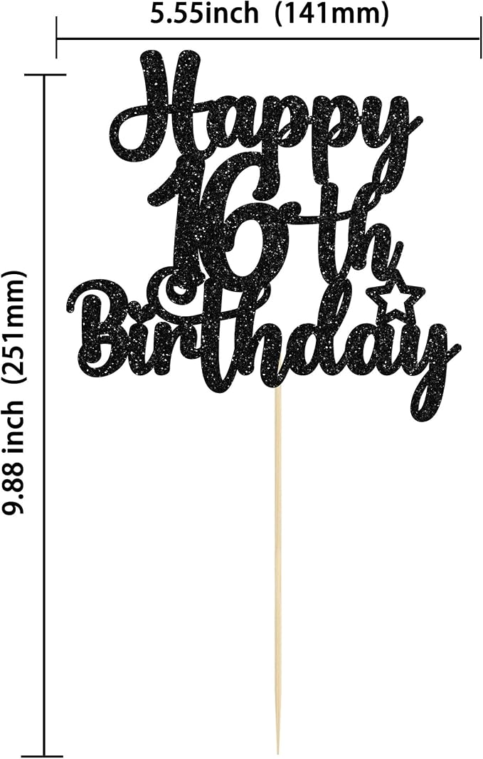 Gyufise 1Pc Happy 16th Birthday Cake Topper Black Glitter 16 & Fabulous Sweet 16 Birthday Cake Pick for Celebrating 16th Birthday Anniversary Party Cake Decorations Supplies