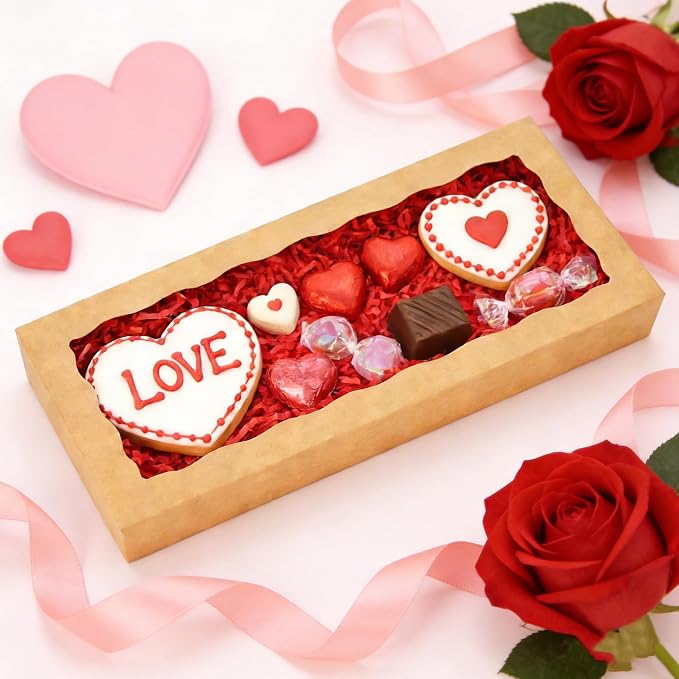20pcs Cookie Boxes 12 x 5 x 1.5 Inch Bakery Boxes with window Chocolate Covered Strawberries Box for Christmas Valentine's Mother's Day- Brown