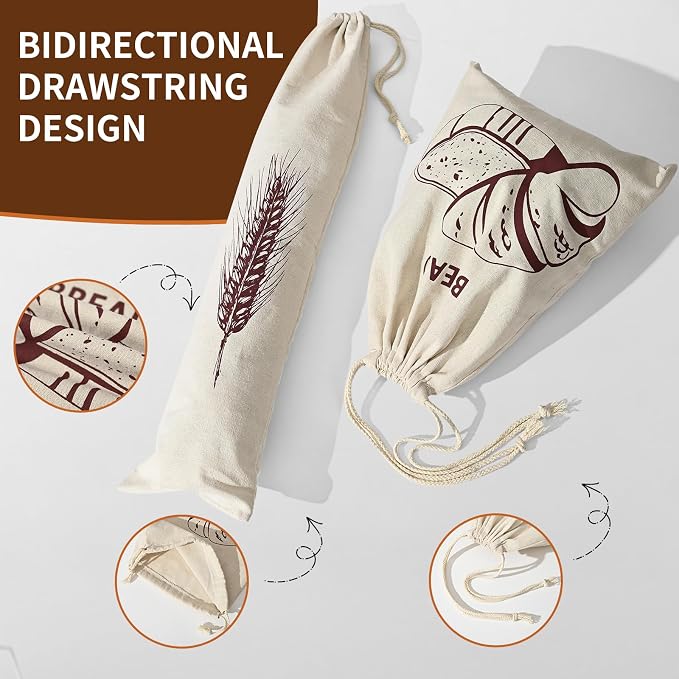 4-Pack Reusable Bread Bags for Homemade Storage, 2-Size Drawstring Pouches (5.9x25.6 & 11.8x15.7 Inch) - Washable Fabric with Secure Closure, Ideal for Sourdough, Artisan Loaves & Gift Packaging
