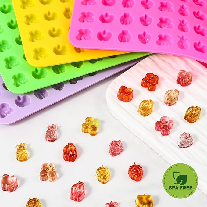 Fruit Snack Molds, 4pcs Gummy Molds Silicone Chocolate Candy Molds With 2pcs Dropper, Including Mini Pineapple, Banana, Cherry, Apple, Grape Shape