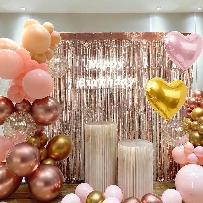 157PCS Rose Gold Balloon Garland Arch Kit with Fringe Curtain for Girls Women Princess Birthday Wedding Baby Bridal Shower Engagement Anniversary Graduation Party Decorations
