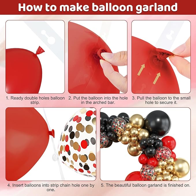 Amandir 153pcs Red Black Gold Balloon Garland Arch Kit, Different Sizes 18 12 10 5 inch Red Black Gold Latex Metallic Confetti Gold Balloons for Graduation Casino Theme Birthday Party Decoration