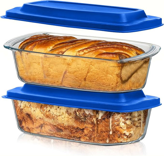 Razab LARGE 7.6 Cups/1800 ML/1.9 Qt Glass Loaf Pan with Lids (Set of 2) - Meatloaf Pan BPA free Airtight Lids Grip Handle Easy Carry, Microwave and Oven Safe - Loaf Pans For Baking Bread, Cakes