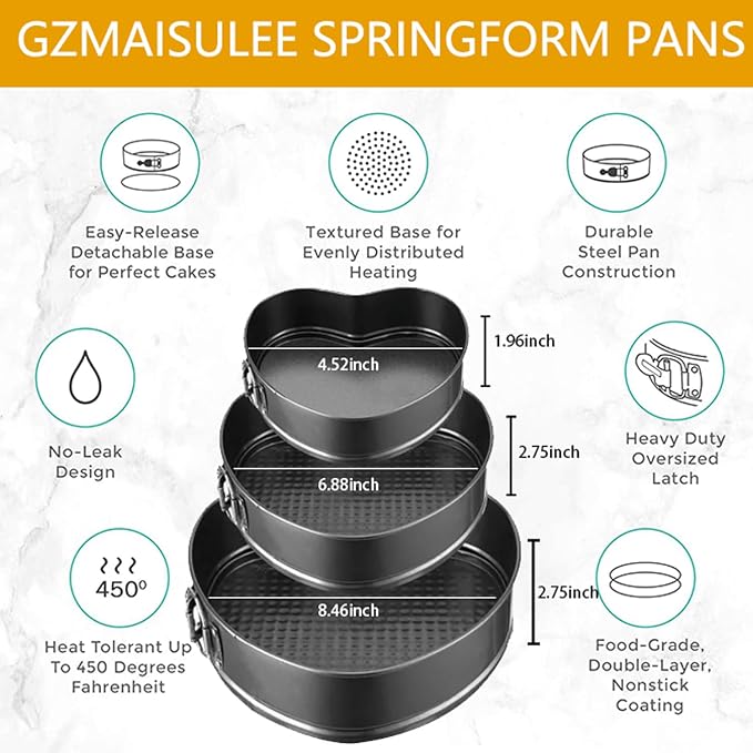 Springform Cake Pan Set of 3 (4, 7, 9 Inch) Heart Leakproof Nonstick Cheesecake Pans with Removable Bottom Carbon Steel Bakeware