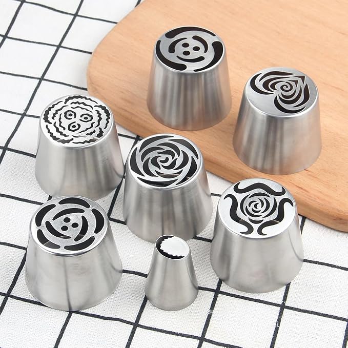 6 Pieces Extra Large Stainless Steel Russian Tulip Marshmallow Icing Tips Kit, Cupcake Dessert Piping Nozzles Set,1 Small Russian Icing Tip,1 Cleaning Brush for Cake Decorations,Pastry Baking Tools